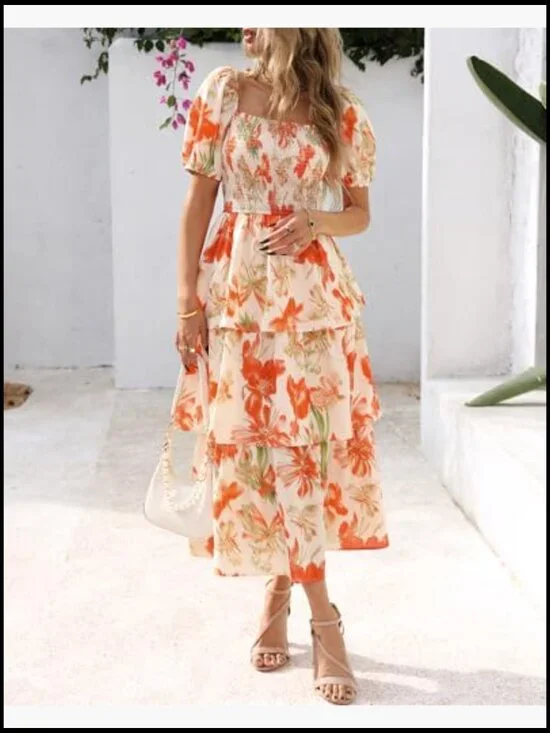 Square Neck Smocked Dress Puff Short Sleeve Floral Maxi Wedding Guest - Picture 4 of 7